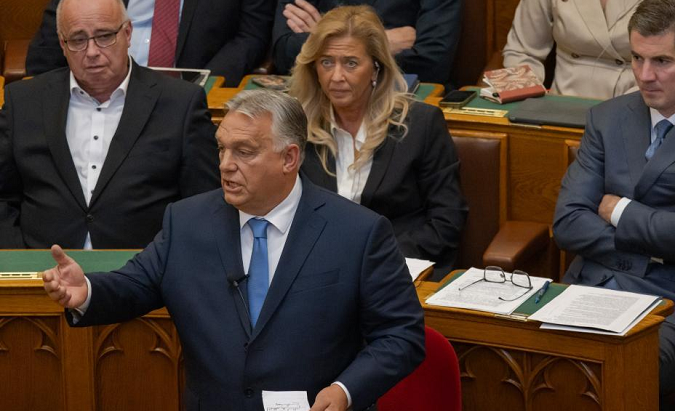 Hungarian PM Viktor Orban (Front) speaks in parliament in Budapest, Hungary, Sept. 25, 2023.