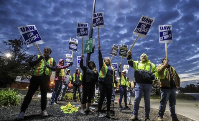 UAW workers on strike in the U.S., Oct. 11, 2023.
