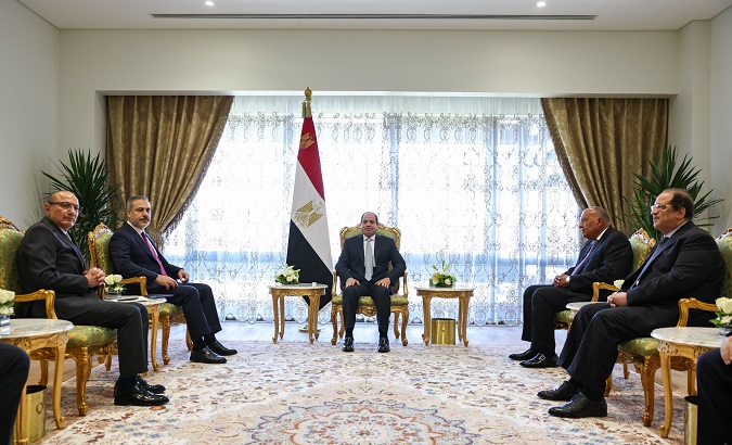 Egypt's President Abdel Fattah al-Sisi meets with Turkish Foreign Minister Hakan Fidan in Cairo. Oct. 14, 2023.