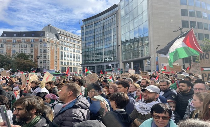 In Brussels, demonstrators in front of the EU Commission call for a stop to the genocide and war crimes in Gaza. Oct. 22, 2023.