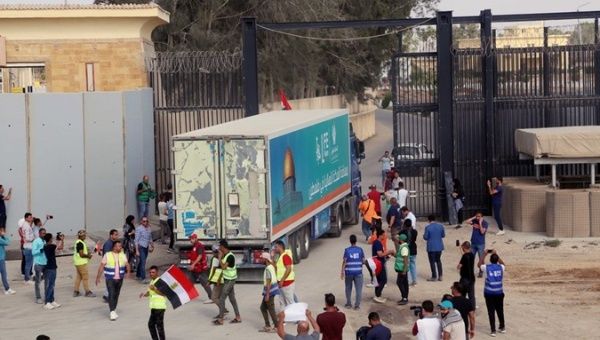 A truck entering Gaza via the Rafah border crossing with Egypt, Oct. 23, 2023. 