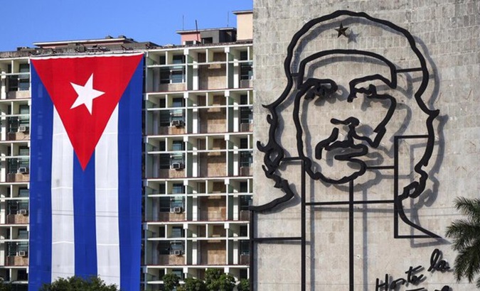 Cuban flag and the face of Che Guevara in Revolution Square, Havana, Cuba.