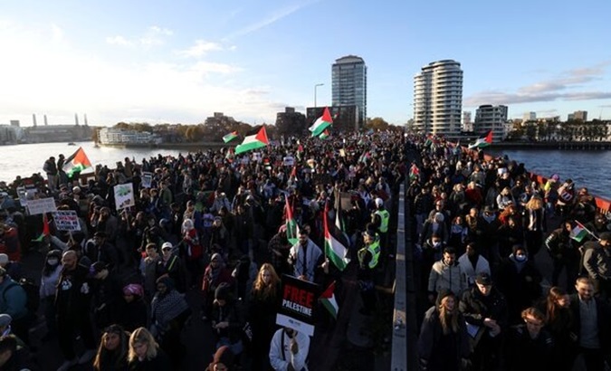 People marching in the streets of London for Palestine, Nov. 11, 2023.