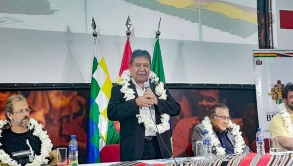 Vice President David Choquehuanca (C) during a meeting with Bolivians residing in Brazil, Nov. 15, 2023.
