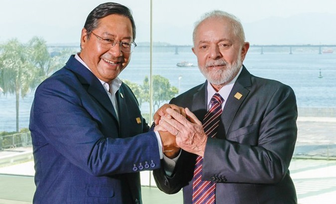 Presidents Luis Arce (L) and Lula da Silva (R), 2023.