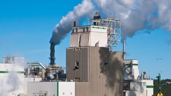 Greenhouse gas emissions from a paper production plant.