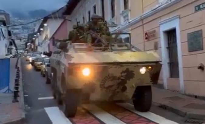 Ecuadorian army tanks patrol the streets of downtown Quito, Jan. 9, 2024.