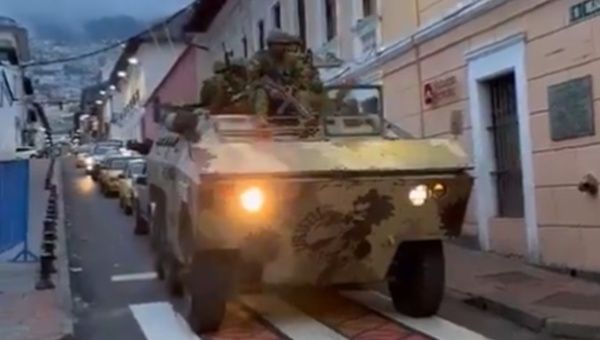 Ecuadorian army tanks patrol the streets of downtown Quito, Jan. 9, 2024.
