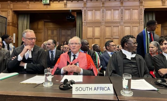 The delegation of the State of Palestine joins South Africa at the ICJ, Jan. 11, 2024.