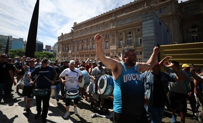 Argentines protest in front of the government headquarters in Buenos Aires, Jan. 11, 2024.