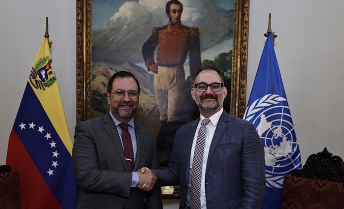 Venezuelan FM Yvan Gil (L) & UN Rapporteur Michael Fakhri (R), Feb. 1, 2024.