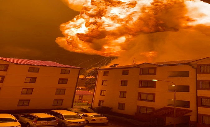 A video posted on social media showed a huge fire raging close to blocks of flats. Feb. 2, 2024.