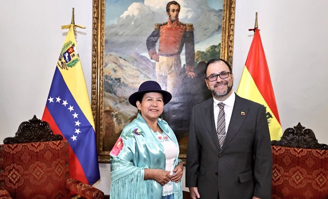 Bolivian FM Celinda Sosa (L) & Venezuelan FM Yvan Gil (R), Feb. 15, 2024. 