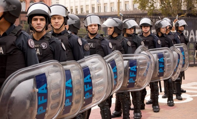 Police prevent access to public buildings in Argentina, April 3, 2024.