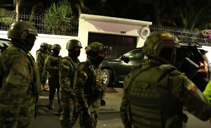 Ecuadorian security forces outside the Mexican embassy in Quito, April 5, 2024.