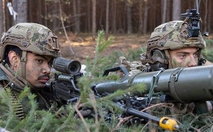 Canadian soldiers in a NATO exercise at Camp Adazi, Latvia, March 11, 2024.