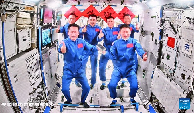 Chinese Astronauts with the other members of the Space Station, April 25, 2024
