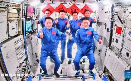 Chinese Astronauts with the other members of the Space Station, April 25, 2024