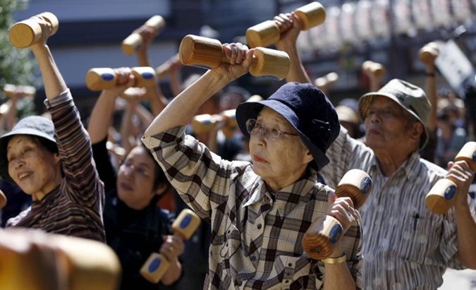 Elderly people do exercises in Japan.