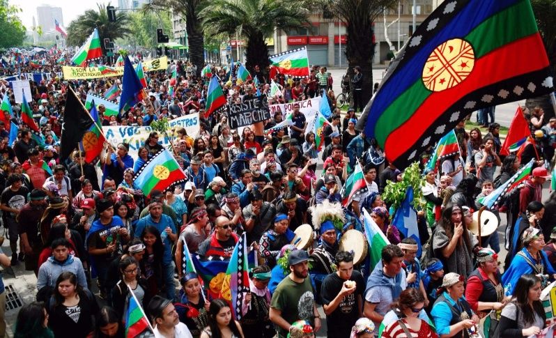 Mapuche Indian and other activists take part in a rally against Columbus Day in downtown Santiago, Chile October 9, 2017. 
